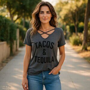Torrid Graphic Tee Tacos & Tequila Womens Size 0 Gray Short Sleeve Cutout